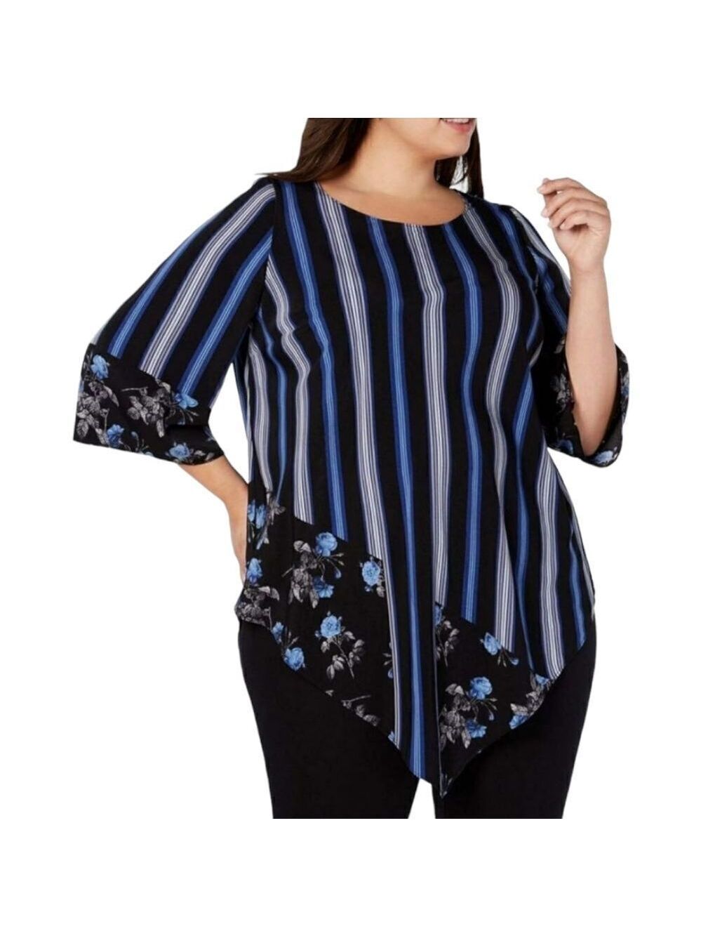 Alfani V-Hem Pullover Blouse Blue Floral Stripes Bell Sleeves Size Medium